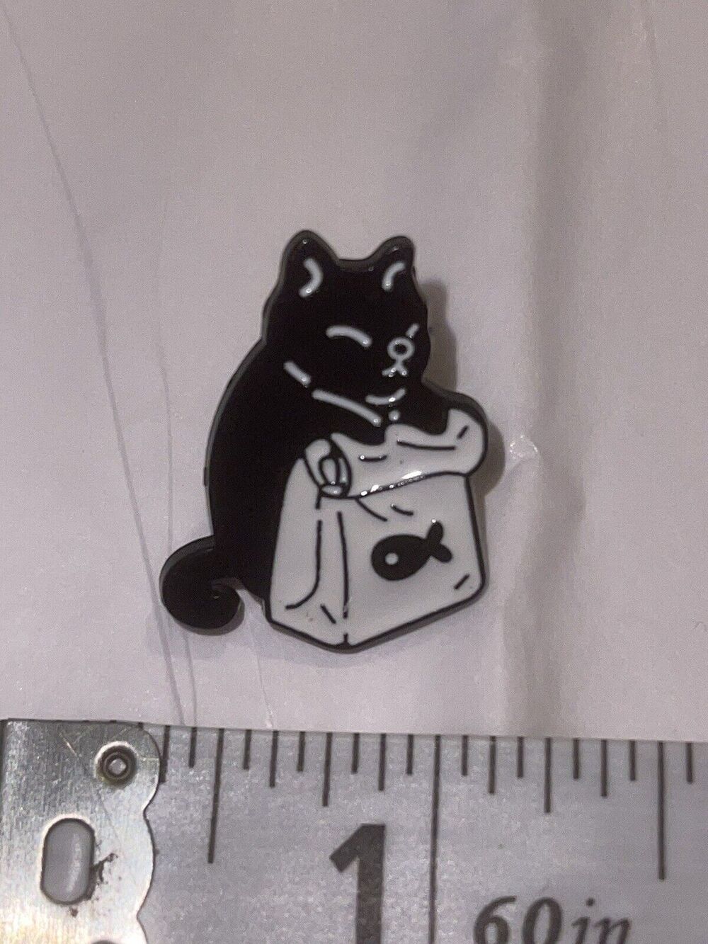 Black Cat With Fish In Bag Pin Brooch